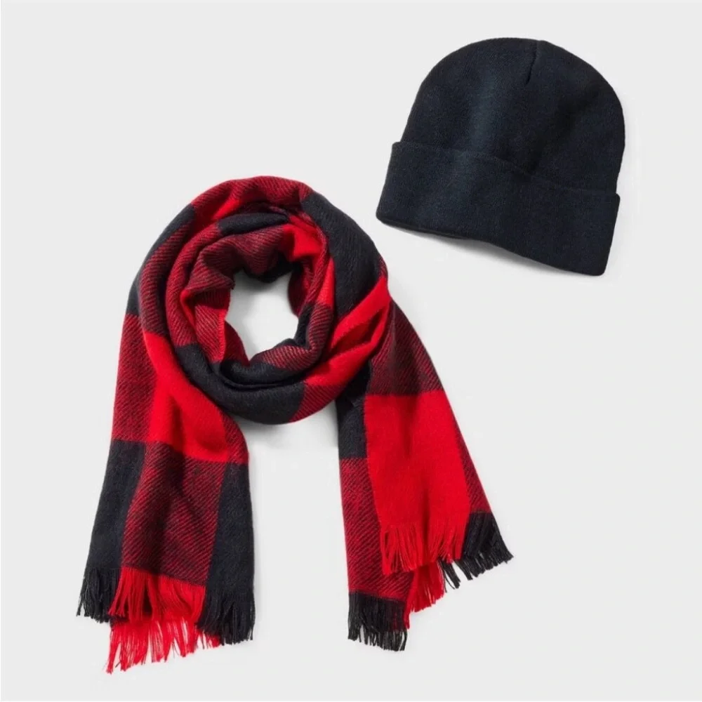 New! Men's Hat and Scarf Set 2pc - Goodfellow & Co. Red/Black - One Size